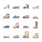 Woman shoe line icon set. Boot, sandal, moccasin, slipper, mule flat sign. Color vector illustration