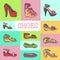 Woman shoes elegant high pair footwear vector illustration. Stiletto fashionable girl heel poster. Trend different style