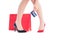 Woman shoes and legs, shopping bag and credit card