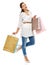 Woman with shopping bag, retail and customer in portrait with store sale and isolated against white background. Shopping