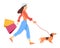Woman with shopping bags in her hands. Young fashion shopper girl is walking with the dog