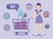 Woman with shopping cart and commercial icons