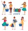Woman shopping character set. Female shopper vector cartoon characters