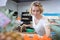 Woman shopping organic veggies and fruits