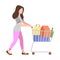 Woman shopping with shopping cart on white background