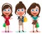 Woman shopping vector characters set. Female happy holding shopping bags