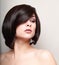 woman with short black hair. Hair style.