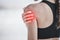 Woman, shoulder pain and exercise injury, red overlay and workout outdoor, fibromyalgia and back muscle tension