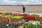 Woman in show garden with several kind of tulips.