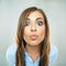 Woman show kiss lips, face portrait of business woman. funny fa