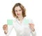 Woman showing blank cards/stickers/notes