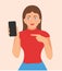 Woman showing display of mobile phone with her the index finger, Vector illustration