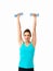 Woman showing fitness routine, white background