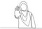 Woman showing stop gesture one line vector drawing. A muslim girl giving reject expression with her hands. NO sign. The concept