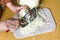 Woman shredding cabbage on cutting board