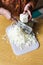 Woman shredding cabbage by manual slaw cutter