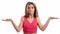 Woman shrugging shoulders gesture don`t know isolated. Medium close up shot on 4k RED camera