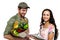 Woman signing for bouquet delivery with smiling postman