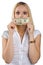 Woman silenced with dollar bill on her mouth