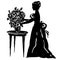 Woman silhouette in antique dress with flowers in vase on table