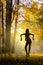 Woman silhouette over autumn forest