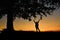 Woman silhouette raising hands under a tree at sunset