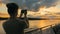 Woman silhouette taking photo of sunset with smartphone on deck of cruise ship