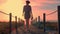 Woman silhouette in a wooden foot bridge at the beach at sunset