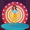 Woman singer star singing pop song with microphone standing on circle modern stage with lamps vector illustration.