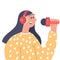 Woman singing into a microphone and person music singer. Vector girl illustration and karaoke voice musician. Sing song and
