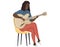 Woman sings song. Girl sits on chair playing guitar. Person creates music, guitarist musician