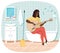 Woman sings song. Girl sitting on bathtub in bathroom with guitar. Guitarist making melody