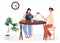 Woman sit in dining area with friend eat drink give bowl rice fried egg with flat cartoon style