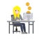 Woman sit at table with computer. Online income and salary. Gold coins