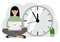 A woman sits cross-legged and holds a laptop. Next to the big clock. Time management concept, little time, much time