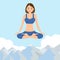 A woman sits in a lotus position and flies above the clouds. A woman in a lotus position flies above the clouds.