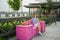 A woman sits on a pink bench with flowers on the Kazan embankment.