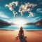 Woman sits on sandy beach looking at clouds in the shape of a world map