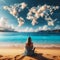 Woman sits on sandy beach looking at clouds in the shape of a world map