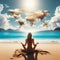 Woman sits on sandy beach looking at clouds in the shape of a world map