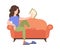 Woman sits on sofa and read a book on white background