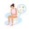 Woman sits on toilet with microorganisms image.