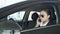 Woman sitting in car and talking on mobile phone, shadowing, private detective