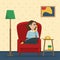 A woman sitting in a chair at home talking on the phone. Cozy conversations with a friend. Flat vector illustration