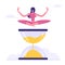 Woman Sitting Cross Legged Meditating on Hourglass, Time Management, Work Planning, Organization, Multitasking