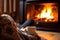 Woman sitting enjoying home comfort hot coffee tea winter evening cozy warm fireplace wrapped blanket rest relax indoors