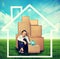 Woman sitting on the ground with many boxes and piggy bank