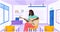 Woman sitting with guitar in hands. Musician plays strings on musical instrument at school