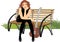 Woman sitting with guitar on the wooden bench