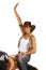 Woman, sitting and hands up on rodeo bull machine for cowboy, western fashion portrait and studio mockup. Workout